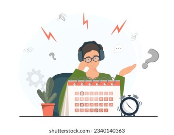 Man, student working with laptop, home office, freelance work concept, online meetings concept, customer service, call center and support, flat vector illustration