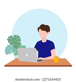 A man or student working on a computer in the office or at home. Freelancer or student. Home office concept. Vector illustration in a flat cartoon style.