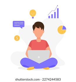 A man or student works on a computer in the office or at home. Freelancer or student. A man earning online. Home office concept. Vector illustration in a flat cartoon style.