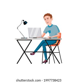 man student writing coursework on laptop cartoon vector. man student writing coursework on laptop character. isolated flat cartoon illustration