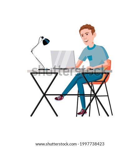 man student writing coursework on laptop cartoon vector. man student writing coursework on laptop character. isolated flat cartoon illustration