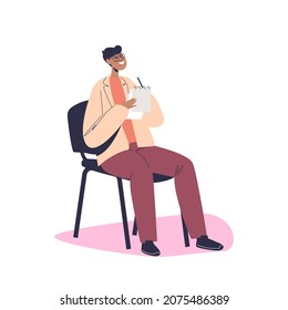 Man student writing notes during coach lecture or employee seminar. Male worker listen to mentor speech or motivation or leadership training. Cartoon flat vector illustration