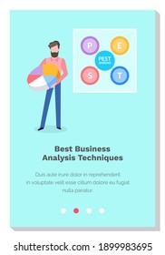 Man studies the best business analysis techniques vector illustration. The guy is holding a pie chart with statistics. Website landing page template. Poster with analytical scheme on background