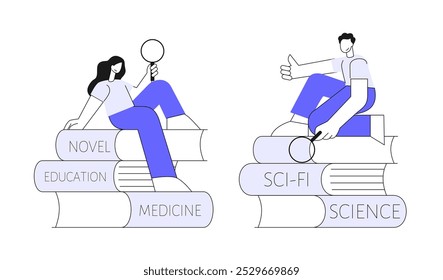 Homem e estuda livros com lupa. Estudante, estudando conceitos. Ilustração de vetor plano.