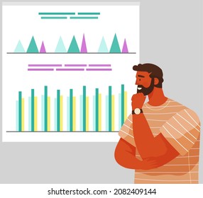 Man studies business finance on presentation board, bar chart graphic report web infographic. Business statistics and data analysis. Businessman works with statistical indicators diagram growth