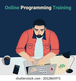 A man studies digital online programming course. A person works home as a remote website coder or application developer. Flat character design with a laptop in bright colors is perfect as a banner.