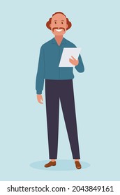 The man studies the document. The concept of business analysis, audit, professional verification of documentation. Vector illustration in a flat style.