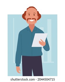 The man studies the document. The concept of business analysis, audit, professional verification of documentation. Vector illustration in a flat style.