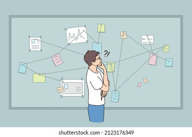 The man studies the evidence, solves the problem. Vector illustration
