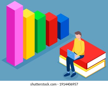 Man studies statistics. Data analysis on diagram. Guy work with laptop sitting on stack of books. Male character freelancer while working or studying. Statistical indicators shown on bar chart
