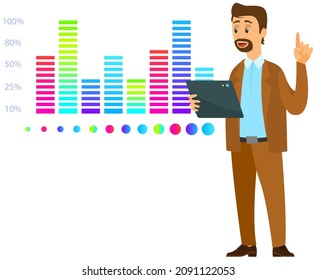 Man studies statistics on presentation. Male character working with report. Manager working and analyzing financial statistic. Male marketer examines information about metrics. Data screen with charts