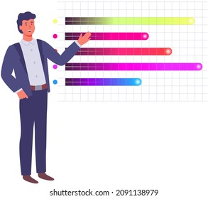 Man studies statistics on presentation. Male character working with report. Manager working and analyzing financial statistic. Male marketer examines information about metrics. Data screen with charts
