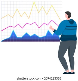 Man studies statistics on presentation. Male character working with report. Manager working and analyzing financial statistic. Male marketer examines information about metrics. Data screen with charts