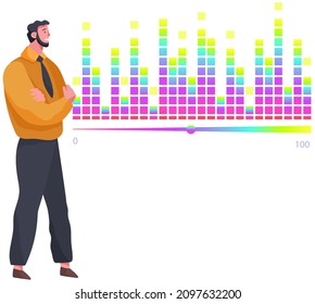 Man studies statistics on presentation. Male character working with report. Manager working and analyzing financial statistic. Male marketer examines information about metrics. Data screen with charts
