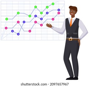 Man studies statistics on presentation. Male character working with report. Manager working and analyzing financial statistic. Male marketer examines information about metrics. Data screen with charts