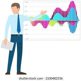 Man studies statistics on presentation. Male character working with report. Manager working and analyzing financial statistic. Male marketer examines information about metrics. Data screen with charts