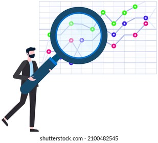 Man studies statistics on presentation. Male character working with report. Manager working and analyzing financial statistic. Male marketer examines information about metrics. Data screen with charts