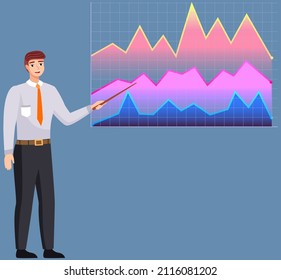 Man studies statistics on presentation. Male character working with report. Manager working and analyzing financial statistic. Male marketer examines information about metrics. Data screen with charts