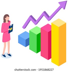 Man studies statistics shown on bar chart. Analyze diagrams concept. Guy working with data