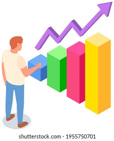 Man studies statistics shown on bar chart. Analyze diagrams concept. Guy working with data
