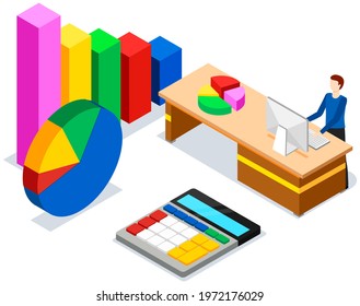 Man studies statistics shown on bar chart. Analyze diagrams and charts concept. Guy is working with data. Male character while working with statistical graph. Profit graph growth with arrow
