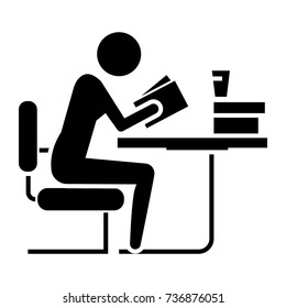 man studing - reading book in library icon, vector illustration, black sign on isolated background