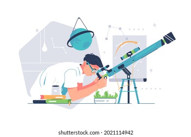 Man study galaxy through telescope. Vector meteors and constellation of stars flat style design. Astronomy, science, discovery concept