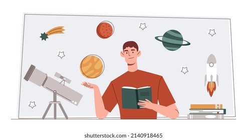 Man study galaxy. Young guy with book next to telescope. Love for physics, astrology and astronomy. Scientific research, space and galaxy, rocket and innovation. Cartoon flat vector illustration