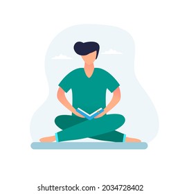 Un hombre estudia desde casa. Ilustración conceptual para el estudio en línea. Ilustración vectorial en estilo plano