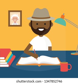 Man is study on a table with books