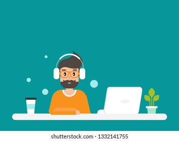 Man study online with computer. flat vector cartoon illustration on turquoise background. outsourcer on work table with laptop. chatting, home workplace, job online, internet. 