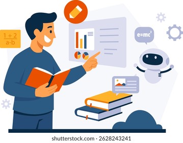 Um homem está estudando acompanhado por um robô com um conceito de design plano e moderno