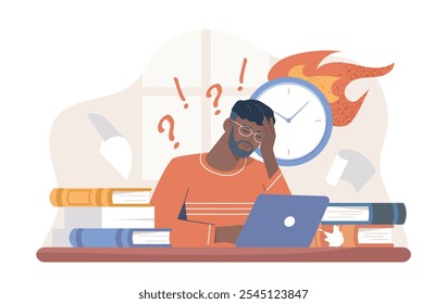 Hombre estudiando antes del examen. Un tipo con libros se sienta cerca del reloj ardiente. Agotamiento emocional y depresión. Estudiante que se prepara para un examen o examen. Ilustración vectorial plana aislada sobre fondo blanco