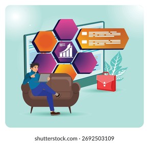 Homem estudando negócios usando um laptop exibindo gráficos e ícones de dados hexagonais. Transmitindo lógica analítica, crescimento e aprendizado de escritório digital. Conceito de incubadora de empresas.