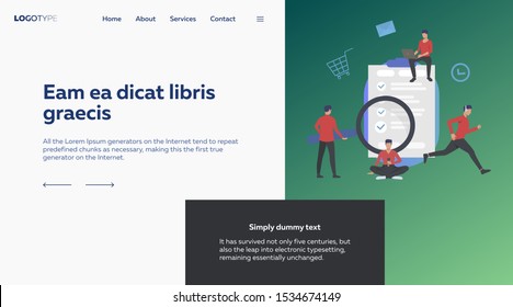 Man studying checklist. Using smart phone, computer, magnifying glass, running. Business concept. Vector illustration for survey, customer review, feedback