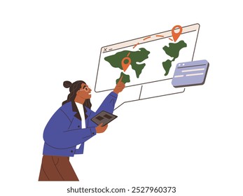 Man studying destination map with marks. Guy works with world map with markers of buyers for worldwide delivery vector illustration. International logistics and cargo, postal mail delivery service