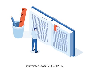 Man studying and educating themself. Isometric vector illustration.
