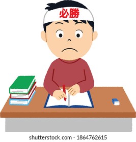 Man is studying for entrance exams.Text means a conviction of sure victory.