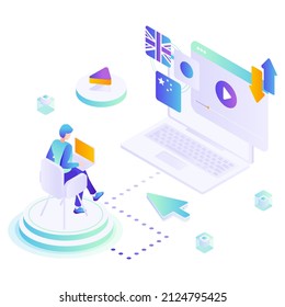 Man studying foreign language, watching video lesson, vector isometric illustration. Distance education, online learning