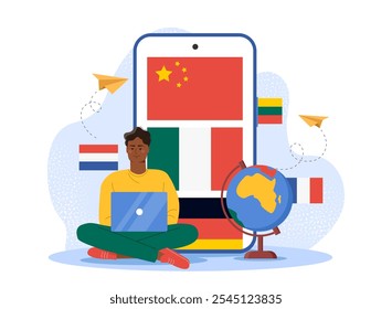 Homem estudando línguas estrangeiras online. Jovem com laptop fica perto de bandeiras de diferentes países. Ensino, aprendizagem e formação à distância. Ilustração de vetor plano isolada no plano de fundo branco