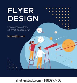 Man studying galaxy through telescope. Women holding planets models, watching meteors and constellation of stars. Flat vector illustration for horoscope, astronomy, discovery, astrology concepts