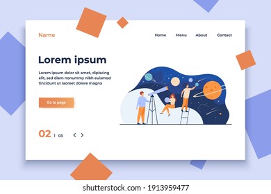 Man studying galaxy through telescope. Women holding planets models, watching meteors and constellation of stars. Flat vector illustration for horoscope, astronomy, discovery, astrology concepts