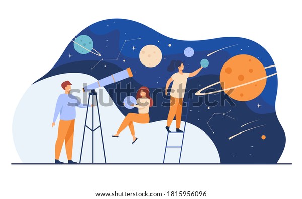 Man studying galaxy through telescope. Women\
holding planets models, watching meteors and constellation of\
stars. Flat vector illustration for horoscope, astronomy,\
discovery, astrology\
concepts