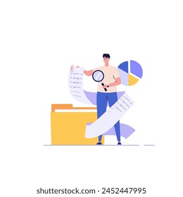 Man studying information, facts. Concept of case study, searching business information, analyze of product features. Vector illustration in flat design for web banner