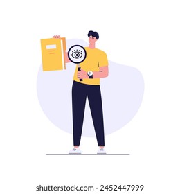 Man studying information, facts. Concept of case study, searching business information, analyze of product features. Vector illustration in flat design for web banner