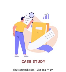 Man studying information, facts. Concept of case study, searching business information, analyze of product features. Vector illustration in flat design for web banner