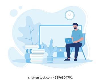 man studying with laptop. Online education and learning concept trending concept flat illustration