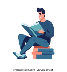 Hombre estudiando literatura en biblioteca, leyendo ícono de libros de texto aislado