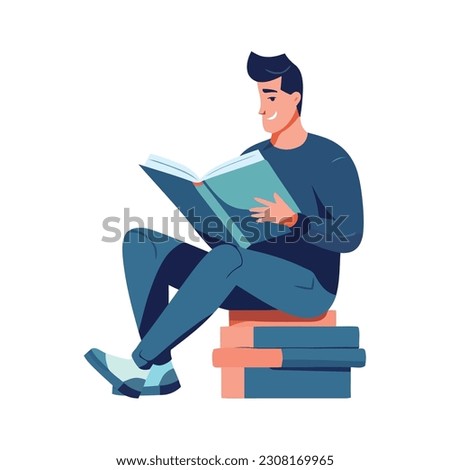 Man studying literature in library, reading textbooks icon isolated