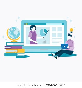 man studying and looking for ideas by watching videos on laptop. looking for isometric ideas. Vector illustration of flat isometric character. 